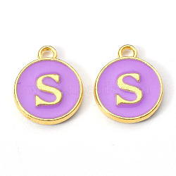 Golden Plated Alloy Enamel Charms, Enamelled Sequins, Flat Round with Letter, Medium Purple, Letter.S, 14x12x2mm, Hole: 1.5mm(ENAM-S118-10S)