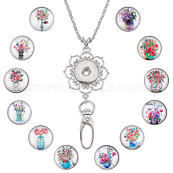 DIY Necklaces Making Kit, Including Platinum Plated Brass Jewelry Snap Buttons, Alloy Snap Pendant Making, with Swivel Clasps, 304 Stainless Steel Cable Chains Necklaces, Flower Pattern, Button: 18.5x9mm, 12Pcs/set, 1 Set(DIY-SC0021-96H)