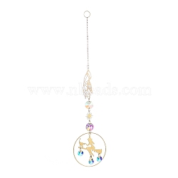 Brass Big Pendant Decorations, Hanging Suncatchers, with Octagon Glass Beads and Iron Findings, for Home Window Decoration, Hand & Sun, Witch, 270mm(HJEW-M005-01G-01)