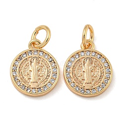 Brass Micro Pave Clear Cubic Zirconia Pendants, Round with St Benedict Religious, with Jump Rings, Real 18K Gold Plated, 12x10x2mm, Ring: 5x0.8mm, Hole: 3mm(KK-N254-109G)