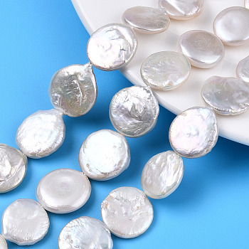 Natural Baroque Pearl Keshi Pearl Beads Strands, Cultured Freshwater Pearl, Flat Round, Floral White, 16~20x4~6mm, Hole: 0.7~0.8mm, about 22~23pcs/strand, 15.55 inch(39.5cm)