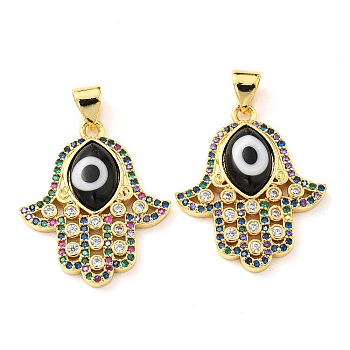 Brass Cubic Zirconia Pendants, with Lampwork, Real 18K Gold Plated, Hamsa Hand Charm, Black, 24x20.5x4mm, Hole: 5x3.5mm