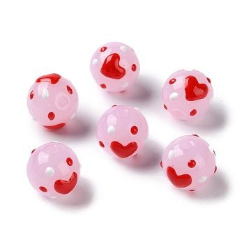 Handmade Lampwork Beads, with Enamel, Round with Heart Pattern, Pearl Pink, 10~10.5x9.5mm, Hole: 1.5mm