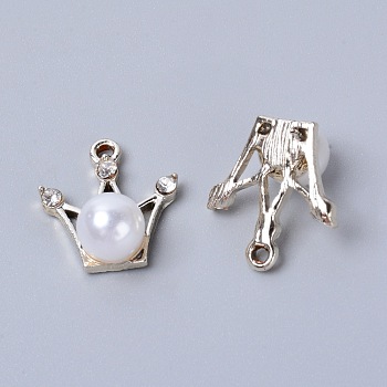 Alloy Crystal Rhinestones with ABS Bead Pendants, Crown, Platinum, 18x16.5x8.5mm, Hole: 1.6mm