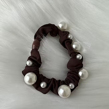 Cloth Elastic Hair Accessories, with ABS Imitation Pearl Bead, for Girls or Women, Scrunchie/Scrunchy Hair Ties, Chocolate, 60mm