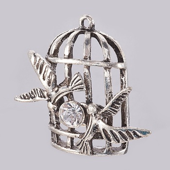 Tibetan Style Alloy Pendants, with Rhinestone, Bird Cage, Antique Silver, 45.5x48x12mm, Hole: 3mm