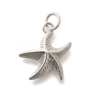 Brass Pendants, with Jump Ring, Long-Lasting Plated, Lead Free & Cadmium Free, Starfish Charms, Platinum, 15.5x14.5x3.5mm, Hole: 3.5mm