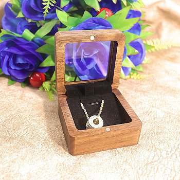 Wood Visible Window Pendant Storage Box, Pendant Magnetic Gift Case with Velvet Inside, Square, Black, 6.8x6.8x3.6cm