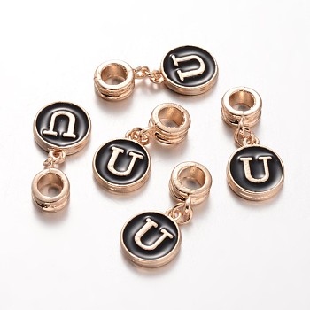 Alloy Enamel European Dangle Charms, Flat Round with Letter.U, 27mm, Hole: 5mm