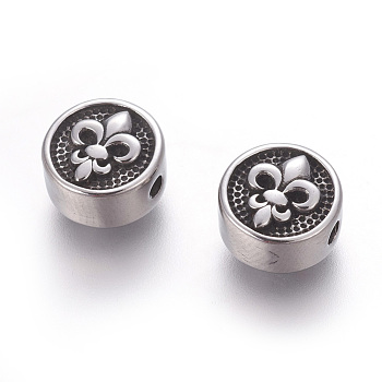 304 Stainless Steel Beads, Flat Round with Fleur De Lis, Antique Silver, 10.3x6mm, Hole: 1.8mm