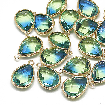 Glass Pendants, with Golden Tone Brass Findings, Faceted, Teardrop, Dodger Blue, 23x15x7mm, Hole: 1.5~2mm