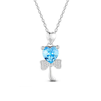 SHEGRACE 925 Sterling Silver Pendant Necklace, Austrian Crystal, with Micro Pave AAA Cubic Zirconia, Flower, Deep Sky Blue, 17.71 inch