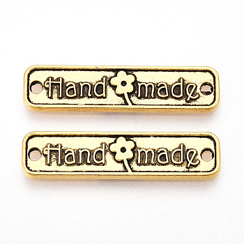 Alloy Connector Charms, Rectangle with Word Handmade, Antique Golden, 25.5x6x1.5mm, Hole: 1.4mm