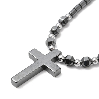 Synthetic Non-magnetic Hematite Cross Pendant Necklace with Beaded Chains, 19.29 inch(49cm)