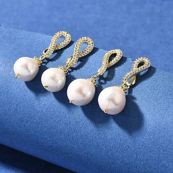 Natural Pearl Dangle Ear Studs, with Brass Micro Pave Clear Cubic Zirconia and 925 Sterling Silver Pin, Real 14K Gold Plated, 29x9mm