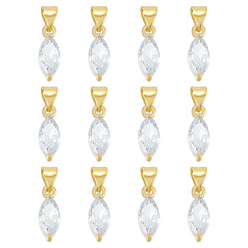 12PCS Brass Cubic Zirconia Charms, Cadmium Free & Lead Free, Real 18K Gold Plated, Long-Lasting Plated, Leaf Charm, Clear, 13.5x6x4mm, Hole: 5x3mm