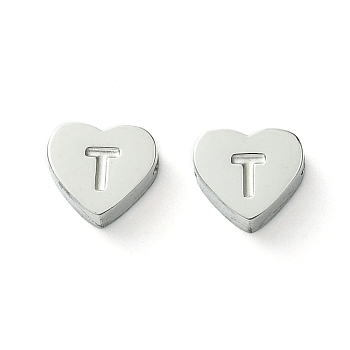 316 Surgical Stainless Steel Beads, Love Heart with Letter Bead, Stainless Steel Color, Letter T, 5.5x6.5x2.5mm, Hole: 1.4mm