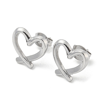 304 Stainless Steel Stud Earrings, Hollow Heart Shape, Stainless Steel Color, 11x12mm