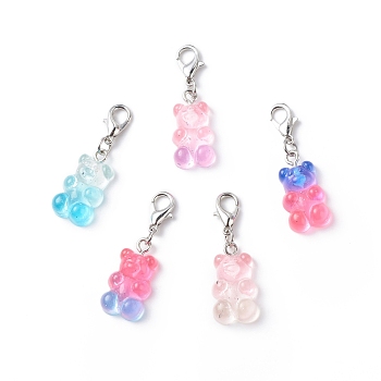 Transparent Gradient Color Resin Bear Pendant Decorations, Lobster Clasp Charms, Clip-on Charms, for Keychain, Purse, Backpack Ornament, Stitch Marker, Mixed Color, 34mm