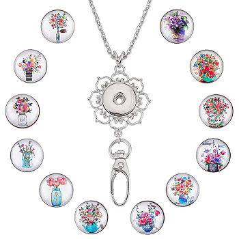 DIY Necklaces Making Kit, Including Platinum Plated Brass Jewelry Snap Buttons, Alloy Snap Pendant Making, with Swivel Clasps, 304 Stainless Steel Cable Chains Necklaces, Flower Pattern, Button: 18.5x9mm, 12Pcs/set, 1 Set