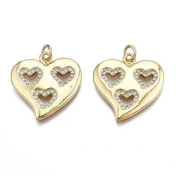 Brass Micro Pave Clear Cubic Zirconia Pendants, Nickel Free, Heart with Jump Rings, Real 16K Gold Plated, 22x21x2mm, Jump Ring: 5x0.8mm, Inner Diameter: 3.4mm
