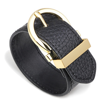 Leather Cord Bracelets, with Alloy Findings, Golden, Black, 10 inch(25.5cm), 28mm Wide