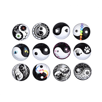 Glass Cabochons, Half Round with Yin Yang Pattern, Mixed Color, 25x8mm, 12pcs/set