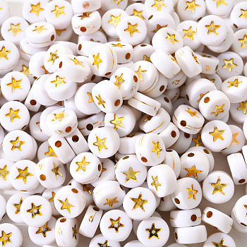 White Opaque Acrylic Beads, Flat Round with Star, Golden Plated, 7x4mm, Hole: 1.5mm, about 200pcs/bag