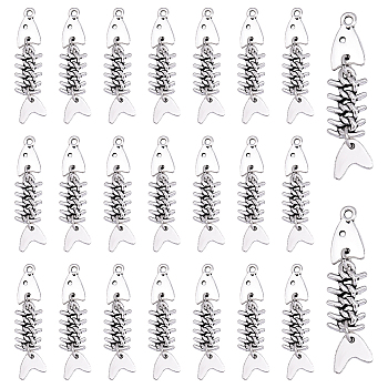 30Pcs Tibetan Style Alloy Pendants, Fishbone Charms, Platinum, 49.5x10x3mm, Hole: 2mm