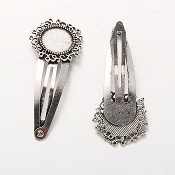 Iron Snap Hair Clip Findings, with Tibetan Style Alloy Flower Cabochon Settings, Cadmium Free & Lead Free, Antique Silver, Tray: 14mm, 57mm