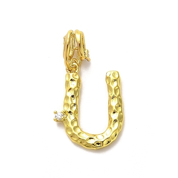 Rack Plating Brass Micro Pave Cubic Zirconia European Dangle Charms, Large Hole Letter Pendant, Real 18K Gold Plated, Long-Lasting Plated, Cadmium Free & Lead Free, Letter U, 26mm, Charm: 18x14.5x2mm, Hole: 4x2.5mm
