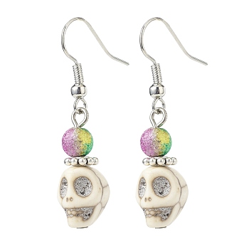Synthetic Magnesite Skull with Acrylic Beaded Dangle Earrings, Brass Jewelry for Women, White, 40mm, Pin: 0.8mm