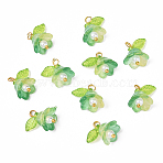 10Pcs Acrylic & Glass Flower Pendants, with Brass Findings, Lime, 14mm, Hole: 2.3mm(PALLOY-YW00116-05)