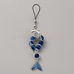 Lampwork Bead Mobile Straps, with Alloy Findings, Bowknot with Round & Fishtail, Platinum, Blue, 170mm(HJEW-TAC0009-20B)