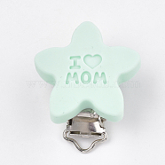 Mother's Day Theme, Food Grade Eco-Friendly Silicone Baby Pacifier Holder Clips, with 304 Stainless Steel Clips, Star with Word I Love Mom, Stainless Steel Color, Aquamarine, 46x39x19mm, Hole: 4x14mm(SIL-T050-02E)