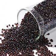 TOHO Round Seed Beads, Japanese Seed Beads, (400) Black Lined Dark Ruby Luster, 15/0, 1.5mm, Hole: 0.7mm, about 3000pcs/bottle, 10g/bottle(SEED-JPTR15-0400)