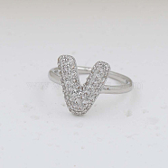 Brass Micro Pave Clear Cubic Zirconia Cuff Rings, Initial Rings for Women, Letter, Platinum, Letter V, Inner Diameter: Adjustable(FS-WG17FF6-22)