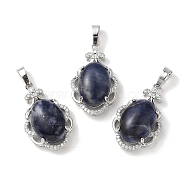 Natural Sodalite Oval Pendants, Platinum Tone Brass Micro Pave Clear Cubic Zirconia Flower Charms, Long-Lasting Plated, Lead Free & Cadmium Free, 30x19x10mm, Hole: 7.8x5mm(G-NH0025-15P-17)