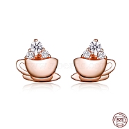 925 Sterling Silver Stud Earrings, with Micro Pave Cubic Zirconia, Coffee, Clear, Rose Gold, 7x7mm(HJEW-FF0012-26)