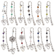 Tibetan Style Alloy Hook Bookmark, Round Gemstone Beaded Bookmark, Dragon with Flower Pendant Book Marker, Antique Silver, 198~218mm, 12 style, 1pc/style, 12pcs/set(AJEW-AB00029)