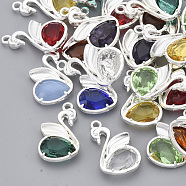 Eco-Friendly Alloy Glass Pendants, Faceted, Nickel Free, Swan, Mixed Color, Silver Color Plated, 20x12.5x4mm, Hole: 1.5mm(GLAA-T011-01S-NF)