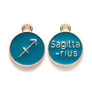 Alloy Enamel Pendants, Cadmium Free & Lead Free, Flat Round with Constellation, Light Gold, Dark Cyan, Sagittarius, 22x18x2mm, Hole: 1.5mm(ENAM-S124-01A-05F)