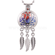 Alloy Diffuser Locket Pendants, with Lotus Pattern, Excluding Chain, Woven Net/Web with Feather, Platinum, 55x24mm(BOTT-PW0001-052P-L)