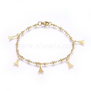 304 Stainless Steel Charm Bracelets, with Lobster Claw Clasps, Tower, Golden, 8-1/4 inch(21cm), 3mm(BJEW-H579-18G)