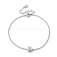 Brass Micro Pave Clear Cubic Zirconia Charms Bracelets, with Brass Spring Ring Clasps, 304 Stainless Steel Cable Chains and Cardboard Boxes, Cube with Footprint, Platinum, 7-5/8 inch(19.5cm)(BJEW-JB05400-03)