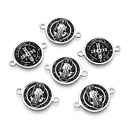 304 Stainless Steel Links connectors, with Enamel, Enamelled Sequins, Flat Round with Saint Benedict Medal, Stainless Steel Color, 13.5x19.5x0.5mm, Hole: 1.2mm(STAS-S079-103P)