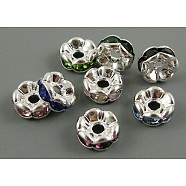 Rhinestone Spacer Beads, Grade A, Nickel Free, Rondelle, Silver Color Plated, Mixed Color, about 5mm in diameter, 2.5mm thick, hole: 1mm(X-RSB032NF)