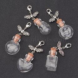 Mixed Shape Glass Bottle Big Pendants, with Tibetan Style Butterfly Bead and Brass Lobster Claw Clasps, Clear, 55~58mm, Bottle Capacity: 1~2.5ml(0.03~0.08 fl. oz)(HJEW-JM00261)