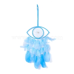 Handmade Eye Woven Net/Web with Feather Wall Hanging Decoration, with Plastic & Wooden Beads, for Home Offices Amulet Ornament, Deep Sky Blue, 525mm(HJEW-K035-04A)