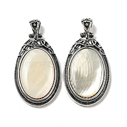 Natural Paua Shell Big Pendants, Antique Silver Plated Alloy Oval Charms, Old Lace, 54x27.5x6~7mm, Hole: 7.5X5.5mm(FIND-Z032-08B)